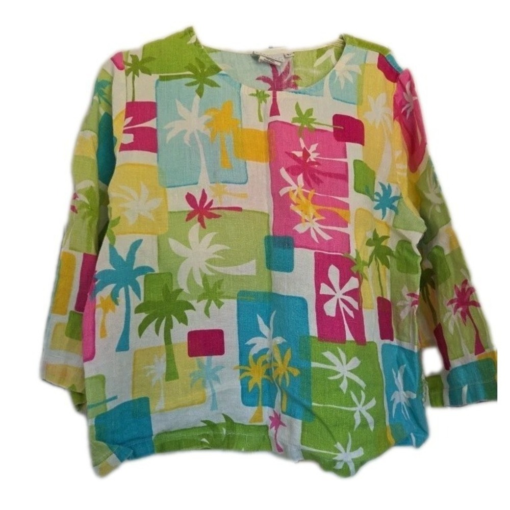 Hot Cotton Marc Ware Size L Linen Bright Tropical Print Floral Palm Top Relaxed